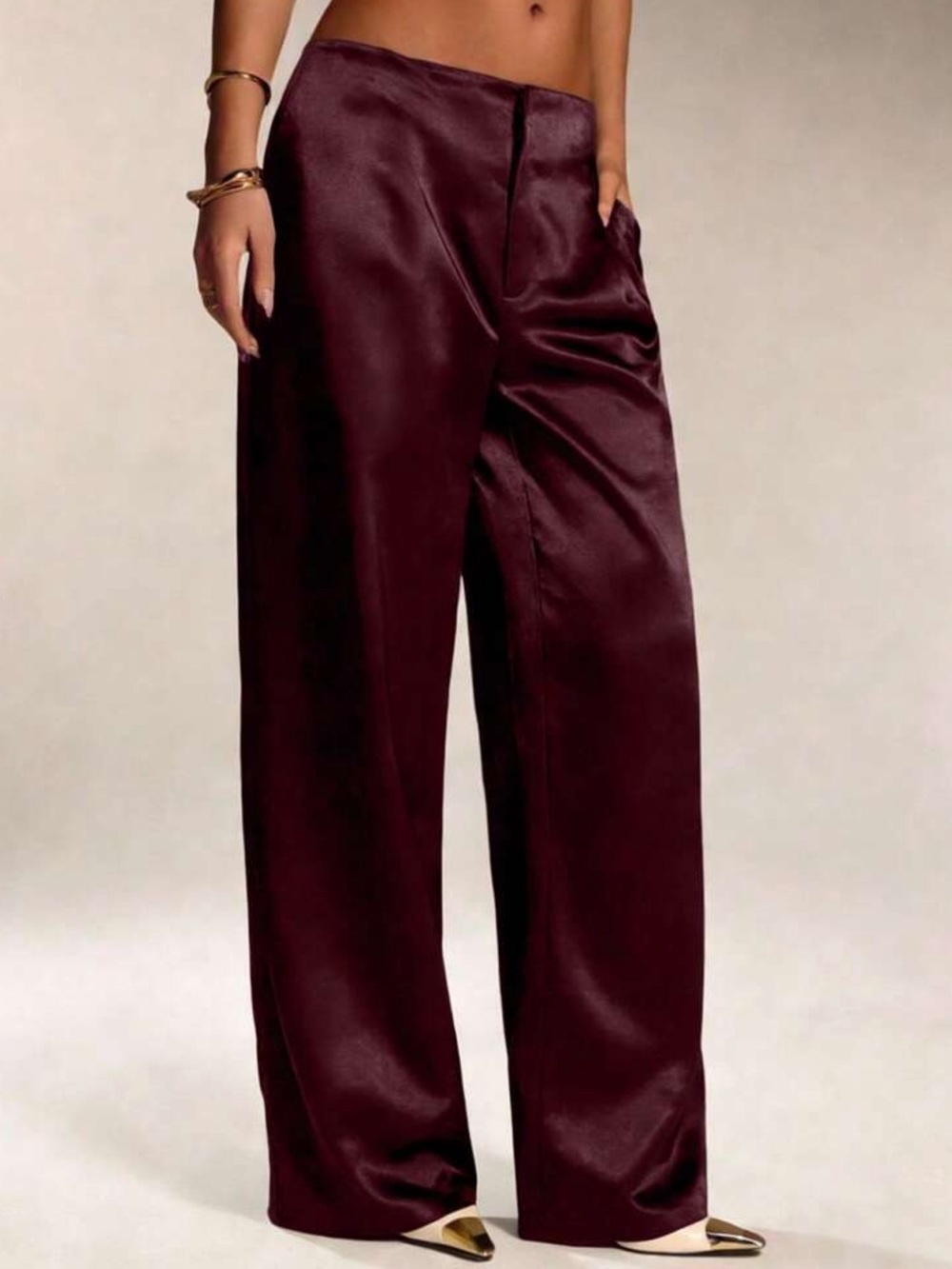Women's Satin Solid Color Pocket Zipper Long Pants, - Picture 2 of 4